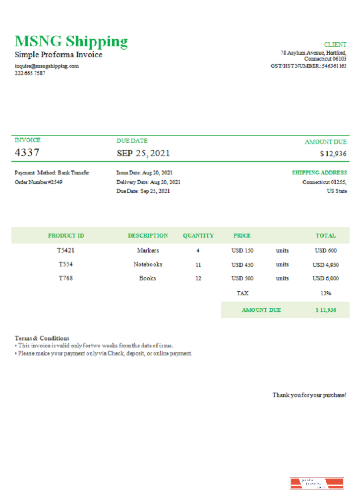 USA MSNG Shipping invoice PSD template